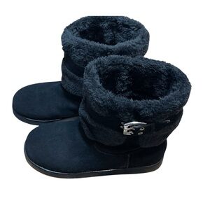 G by Guess Faux Fur Suede Boots Buckle Strap Black Size 9 Winter Warm Whimsygoth